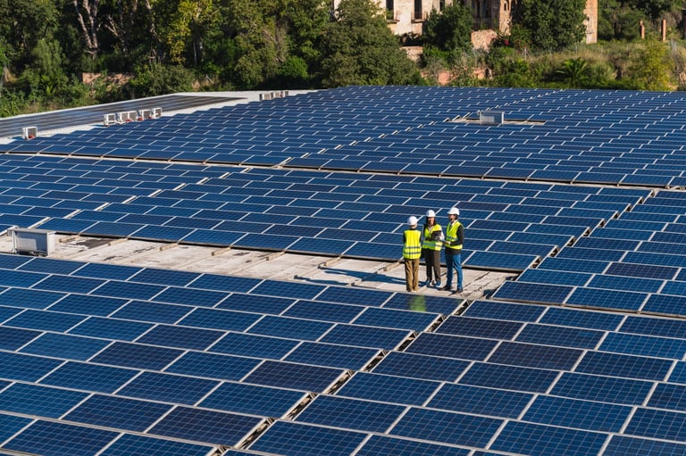 Three engineers managing a large scale solar panel array on a commercial building rooftop, generating clean, sustainable electricity
