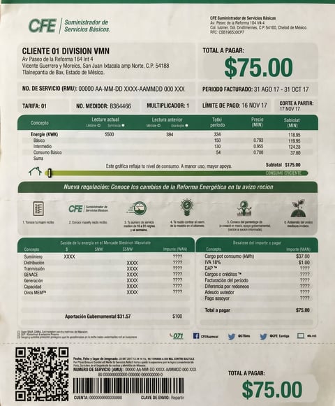 CFE electricity bill invoice for $75.00 showing energy consumption charges for a residential customer in Mexico