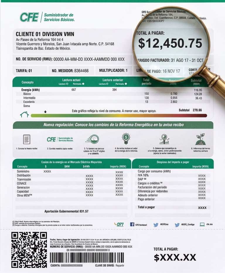 Recibo de CFE mostrando el monto total a pagar de $12,450.75 con detalles del servicio y desglose de consumo