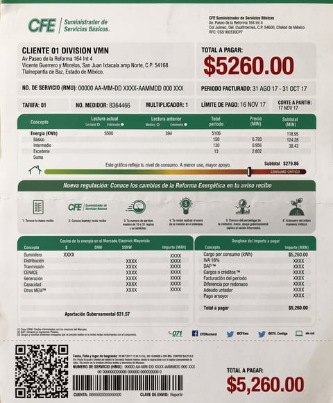 Mexican electrical utility bill from CFE showing total amount due of $5260.00 for the billing period from July 31 to October 31, 2017